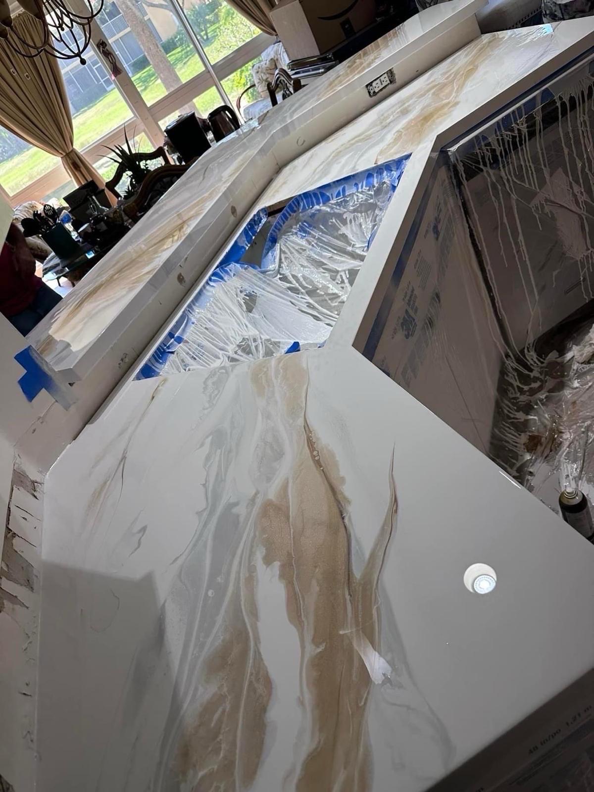 Counter being finished, blue tape still down